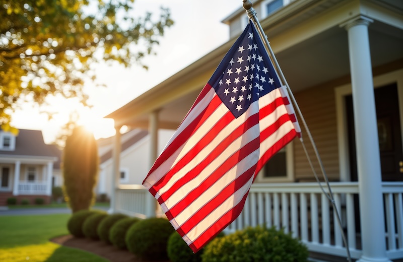 American Flag Proudly Displayed In Front Of House. Sunny Day In Residential Neighborhood. Patriotism, National Pride Symbolized By Flag. Homeowners Show National Identity, Love For Country. Peaceful